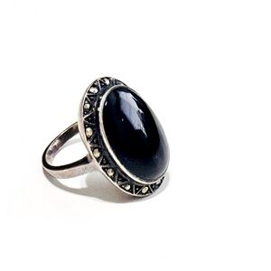 VINTAGE Art Deco Oval Black Onyx & Marcasite Statement Ring Sterling Silver 6.5